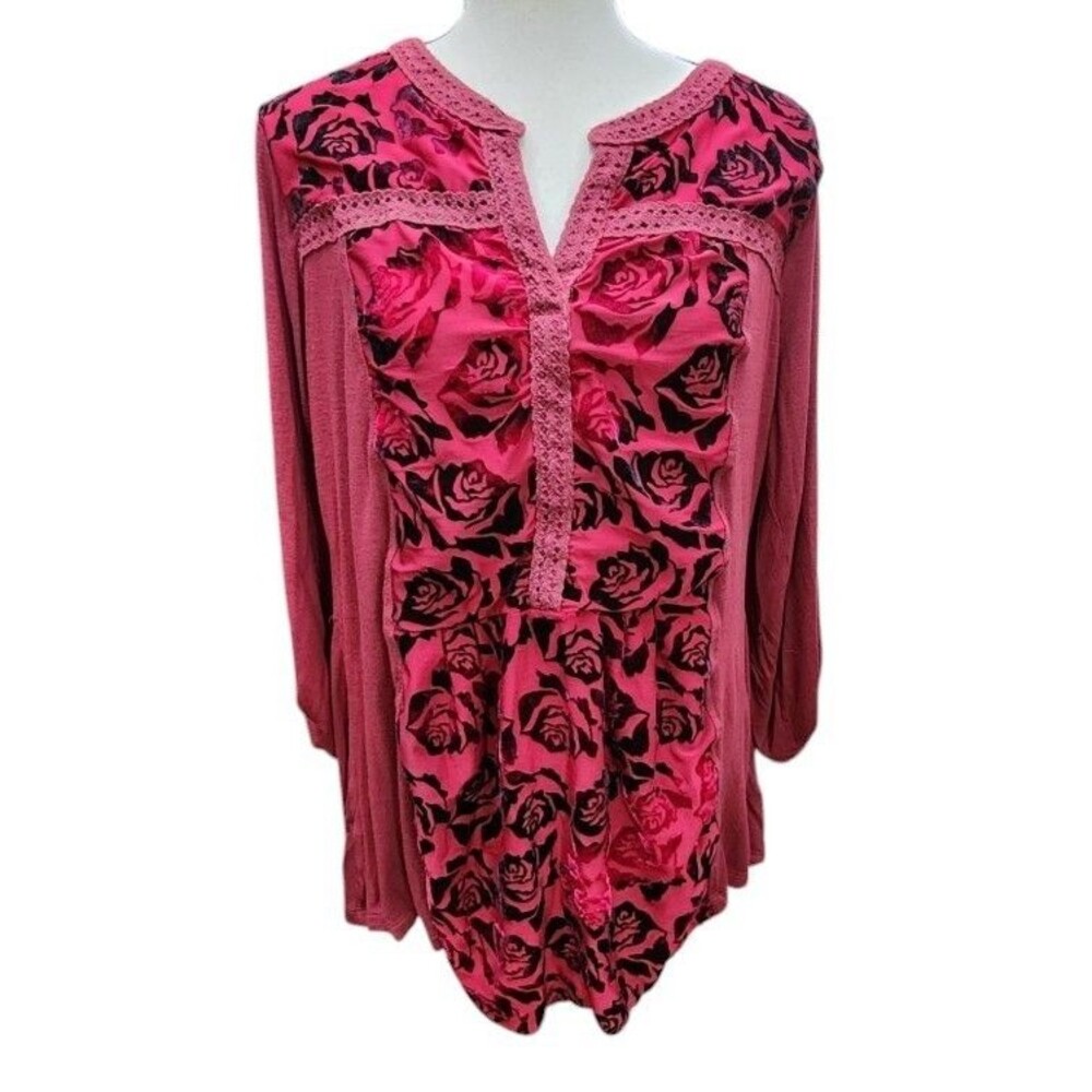 Hanna Velvet Burnout Roses Top Size Large Deep Red Boho Long Sleeve